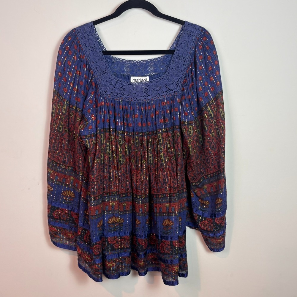 marisol womens blue floral sparkle wide sleeve boho peasant flowy top M festival
